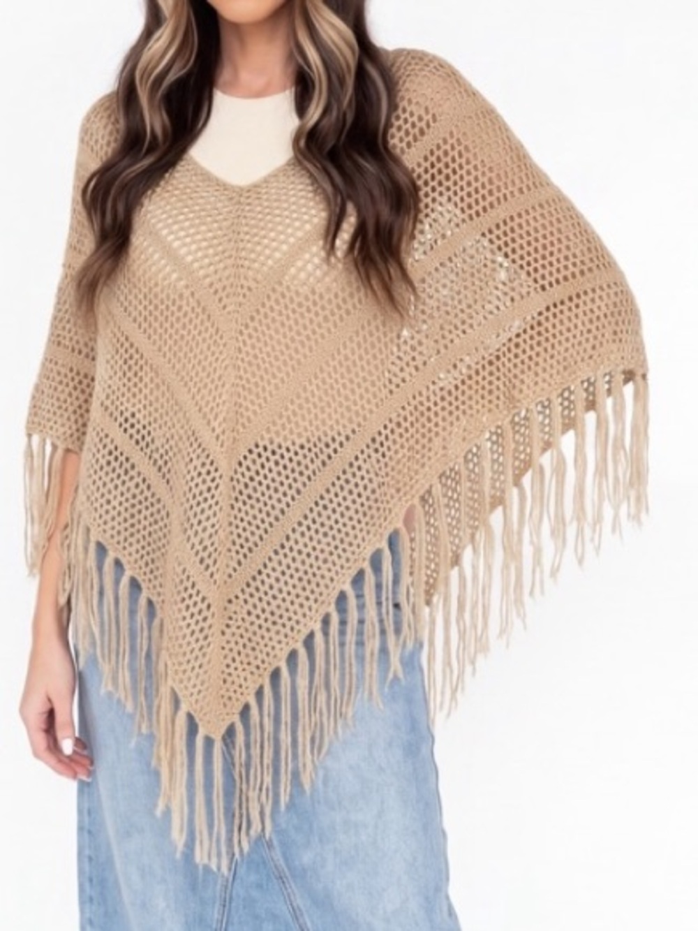 Vintage The Original Arizona Jean Co. Boho Crochet Knit Fringe Poncho Tan Fall